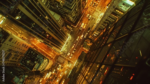 overhead or drone shot looking down at city at night with motion blur and cars vintage look