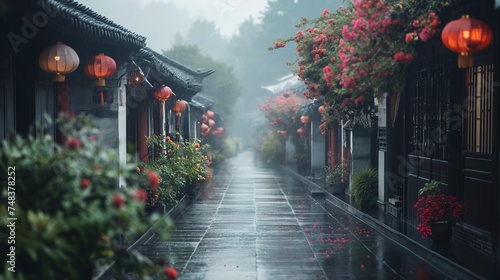 Rainy Day in an Asian Village With Lanterns and Flowers