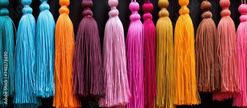 A collection of vibrant tassels hanging neatly on a wall, adding a pop of color and texture to the room decor. Each tassel sways gently in the breeze, creating a dynamic visual display. photo