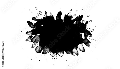 Artistic grunge textured black watercolor smear shape with drops. Abstract dark isolated ink splash stain for texture brush design, background, banner decor