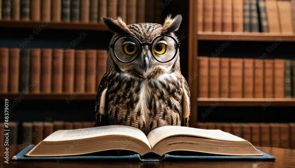 custom made wallpaper toronto digitalA smart owl with glasses sits in front of an open book in the library. World book day. Knowledge, education, studying, learning illustration, back to school concept.