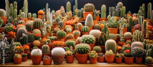 A variety of cactus plants in pots are neatly arranged on a shelf in a well-lit area. The collection showcases different shapes, sizes, and hues of cacti, adding a touch of greenery to the space.