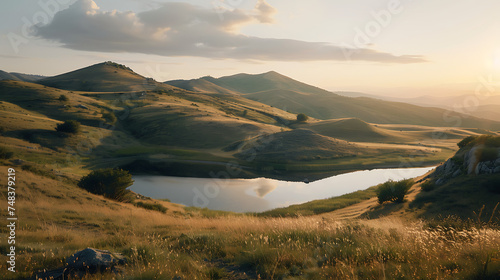 Paisagem serena de montanha ao pôr do sol com colinas e lago calmo em primeiro plano photo