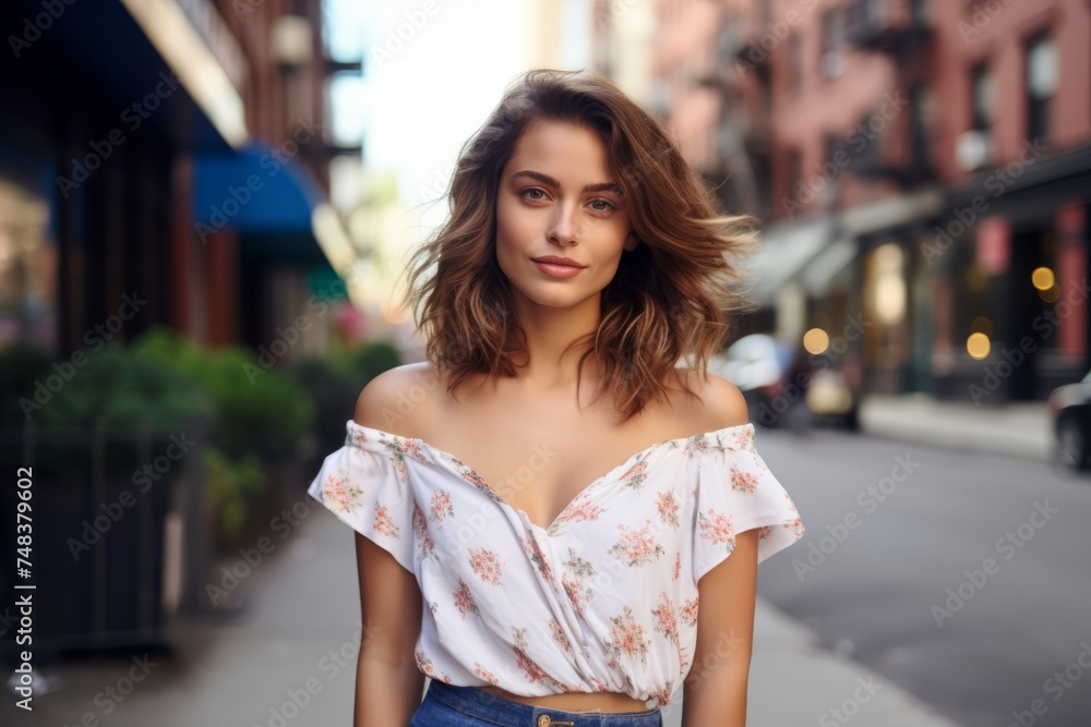 Portrait of a beautiful young brunette woman in a summer street.