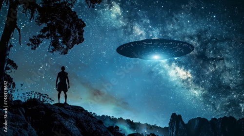Caveman observing a large alien ship in the night sky in high resolution and high quality. alien spacecraft concept
