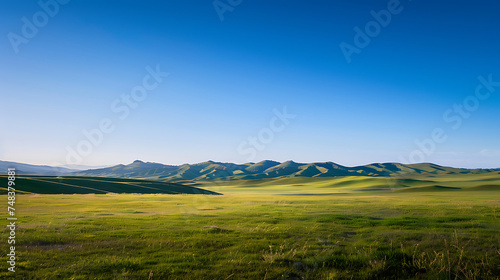 Uma paisagem serena com colinas ondulantes e céu azul claro foco no primeiro plano capturando a extensão da paisagem © Alexandre