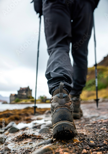 Footprints in Scotland: With boots and trekking sticks, a hiker enjoys the panoramic view of Eilean Donan Castle, creating a memorable adventure through the Scottish Highlands' scenic