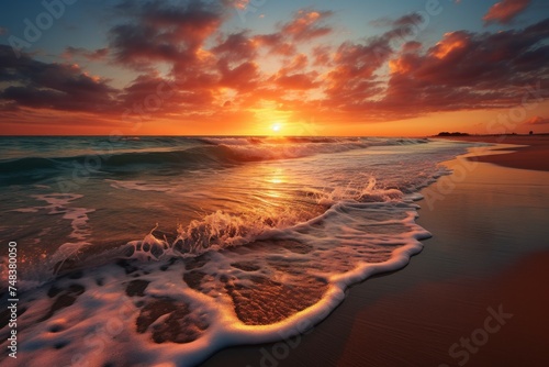 Serene Morning beach sunrise. Bright coastline. Generate Ai