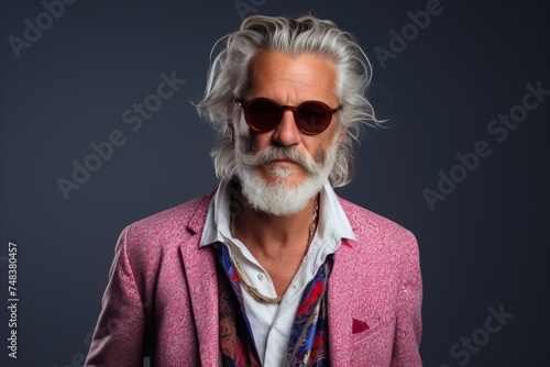 Portrait of a handsome senior man with stylish hair and sunglasses.