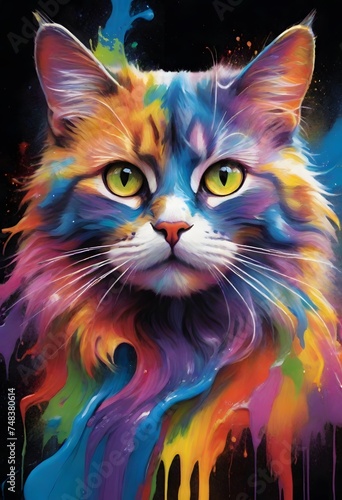 A captivating portrait of a cat depicted in a vivid fusion of colors, blending the natural elegance of the animal with a psychedelic art style. AI generation