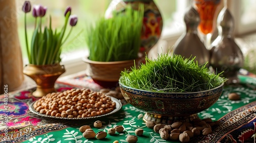 On the table there is a plate with green grass, nuts, Novruz Bayram holiday	 photo