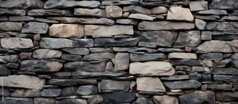 A black and white stone wall stands weathered and textured, showcasing the strength and endurance of the ancient stones.