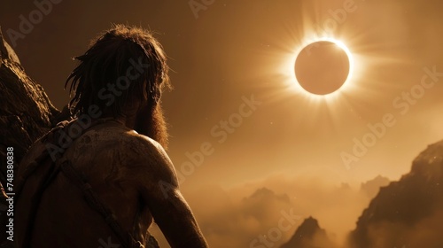 caveman observing an eclipse at its maximum point in a desert photo