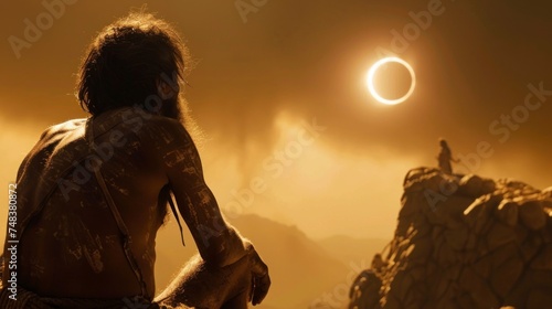 caveman observing an eclipse at its maximum point in a desert in high resolution photo