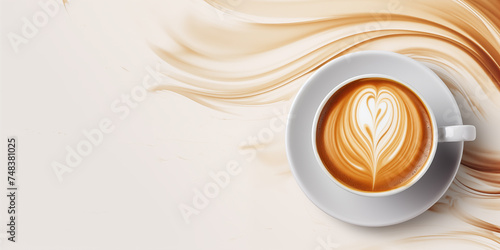 Cup of coffee on patterned background, copy space, top view 