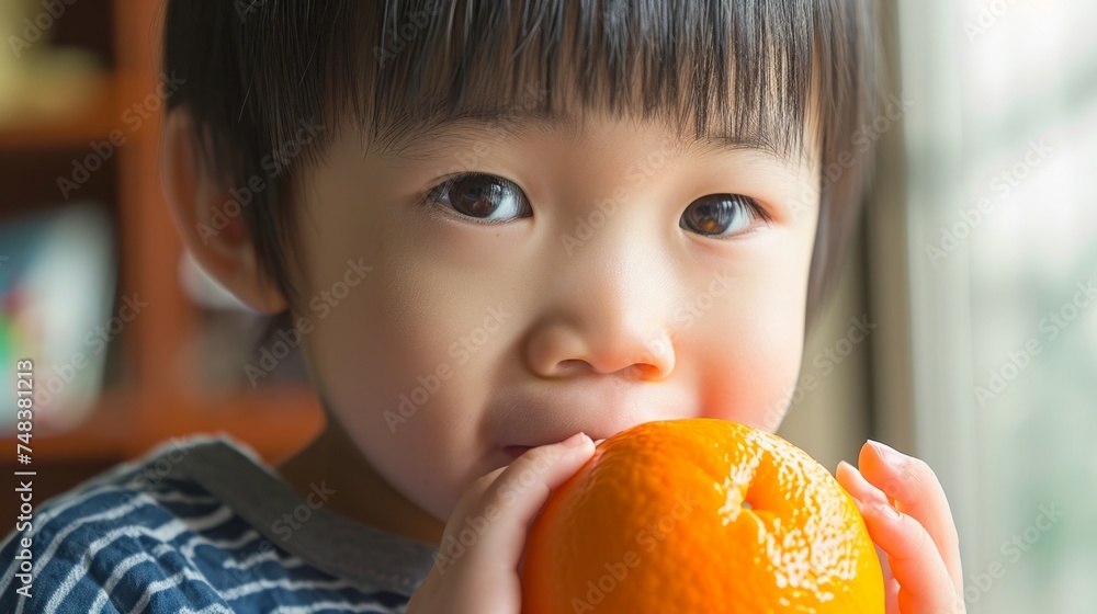 Child among citrus fruits healthy tangerines and oranges generative ai Child among citrus fruits healthy tangerines and oranges generative ai