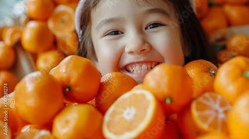 Child among citrus fruits healthy tangerines and oranges generative ai photo