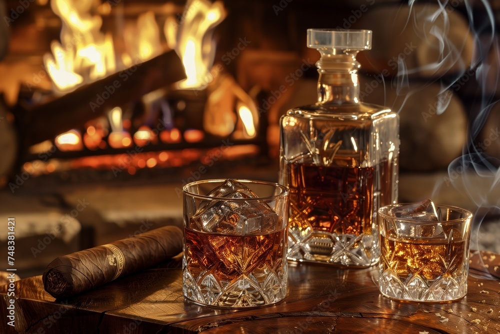 Elegant crystal glasses with whiskey, decanter, and cigar on a wooden table by a warm glowing fire Elegant crystal glasses with whiskey, decanter, and cigar on a wooden table by a warm glowing fire