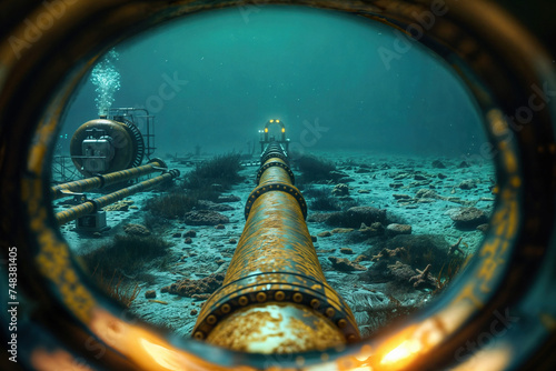 Immersive view of an underwater pipeline from inside a submersible
