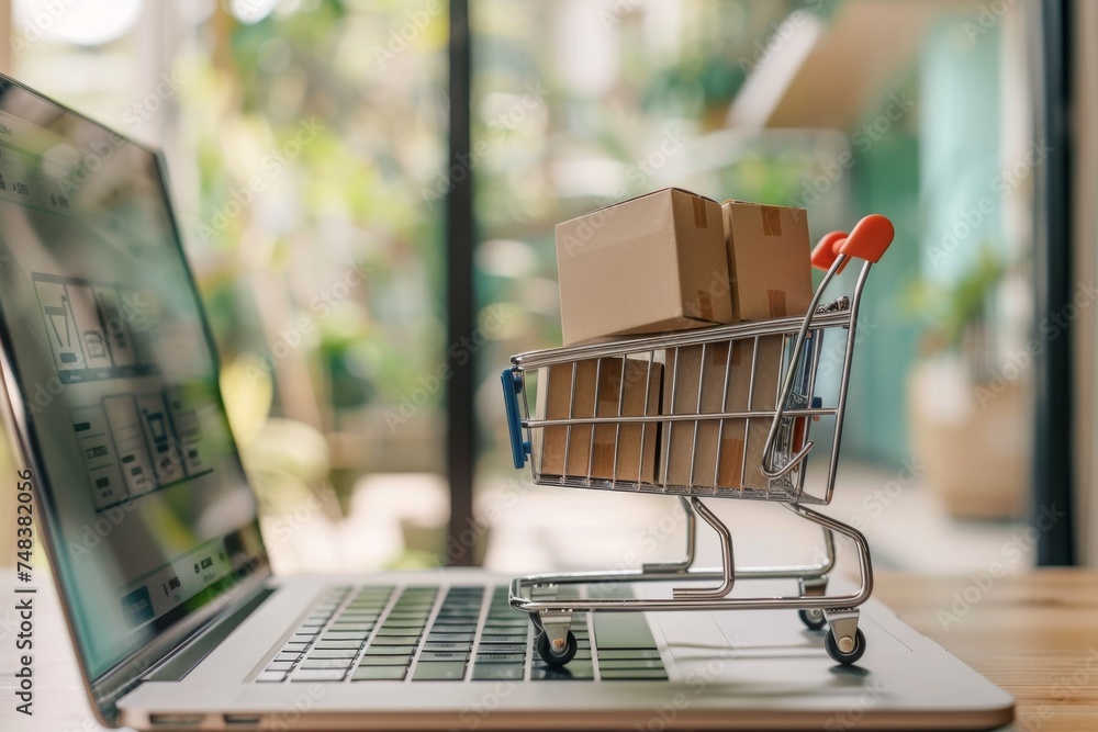 Shopping cart on laptop keyboard, e-commerce, digital purchase.