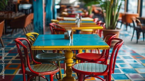Colorful Dining table in cafe restaurant retro vintage 1980 style interior generative ai © Francheska