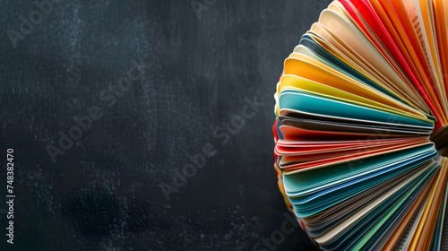 A rotating card index, filled with cards and divided with multicolored tabs. cropped at right side of frame. A black chalkboard background provides copy space to the left. photo