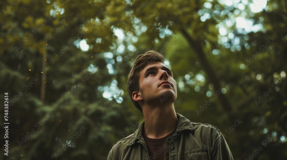 Contemplative young man standing in front of trees generative ai Contemplative young man standing in front of trees generative ai