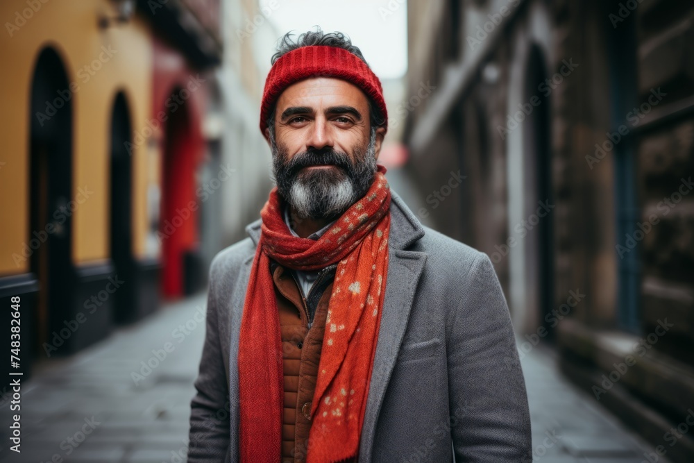 Portrait of a bearded man with a red scarf in the city. Portrait of a bearded man with a red scarf in the city.