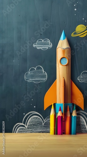 Back to school background with rocket made from pencils