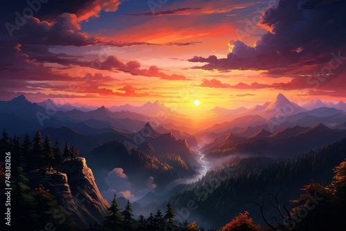Breathtaking Mountain sunset view. Travel nature. Generate Ai