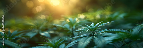 green grass and sun rays, Marijuana leaves on light Cannabis vegetation  photo