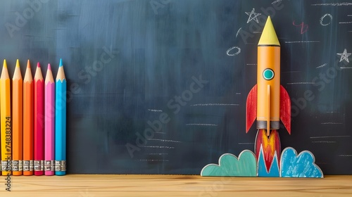 Back to school background with rocket made from pencils