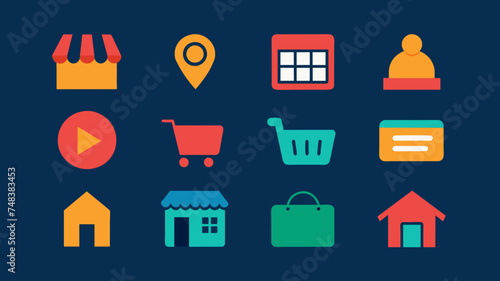 Icon Set Basic Shop. Shopping store logo. Online Shop Logo Design. Marketplace vector icon. online sme shop or store symbol in black color. small business outlet sign for apps. Vector illustration