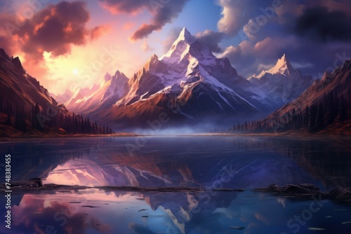 Tranquil Mountains lake art sunset. Light backdrop. Generate Ai