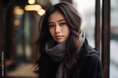 Portrait of young beautiful asian woman in black coat and scarf