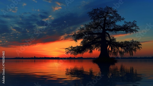 Cypress Tree Silhouette at Sunset generative ai