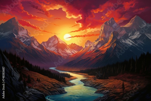 Scenic Mountains art sunset poster. Color water light. Generate Ai