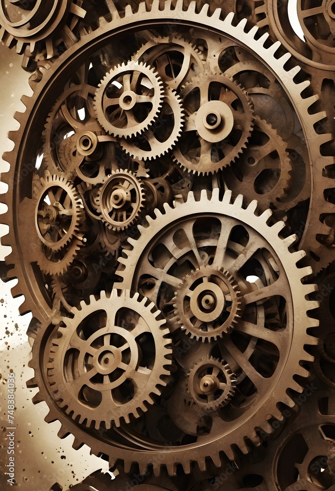 A complex array of clockwork gears illustrates the intricate beauty of mechanical design and the passage of time in an industrial age. AI generation