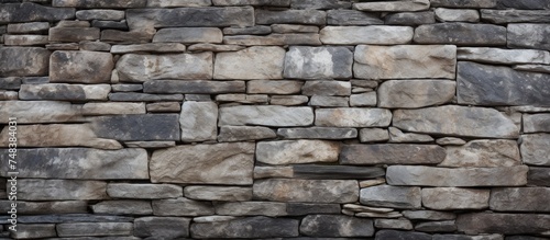 A black and white photograph showcasing a detailed stone wall with a variety of textures and patterns. The wall appears sturdy and well-built, creating a sense of strength and history.