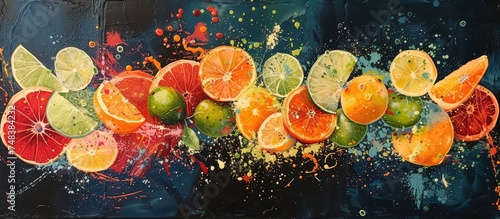 This painting features a vibrant burst of flavor with oranges and limes. The citrus fruits are depicted on a dark black background, creating a striking contrast that highlights their vivid colors and