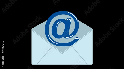 video animation correspondence letter with an at sign or arroba symbol, as an e-mail concept. On a transparent background with zero alpha channel
