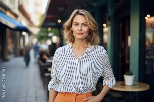 Portrait of a young businesswoman standing in a street cafe. © Inigo