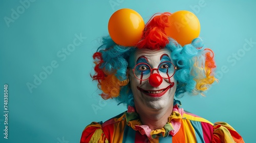 clown with balloons. Studio portrait of a clown on a simple studio background April Fool's Day April 1st, space for text, Purim