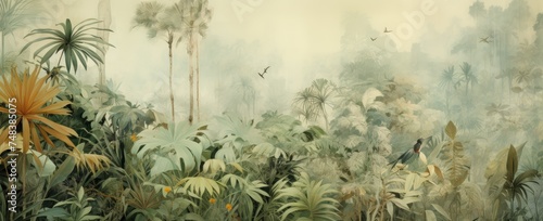 Wallpaper of a jungle landscape in watercolor style. © Simon