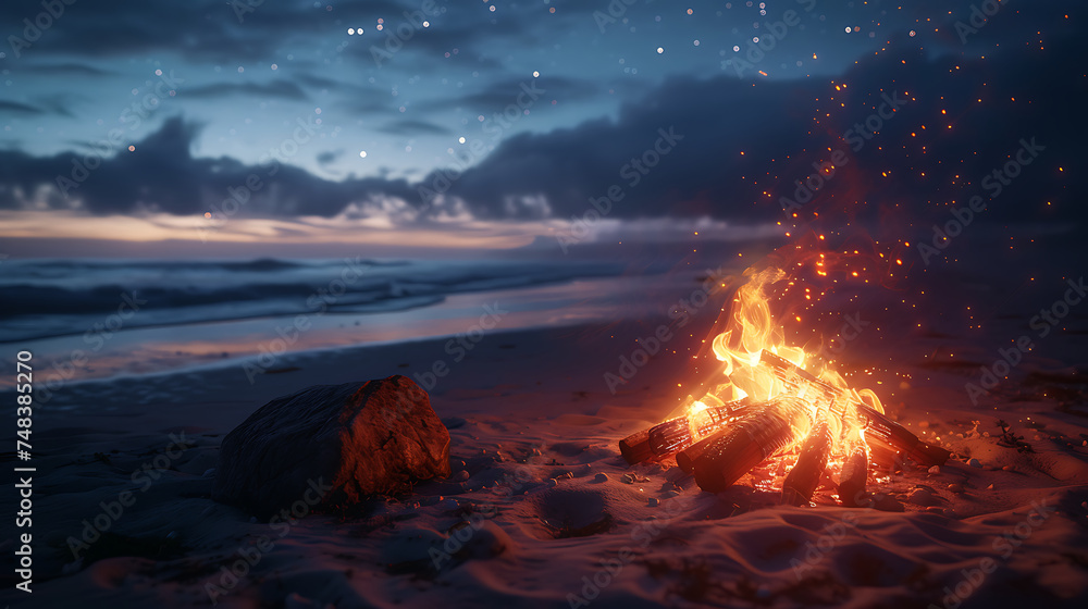 Beach bonfire party with flames dancing against a backdrop of starry skies and crashing waves