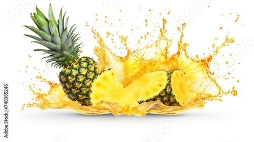 pineapple slices with pineapple juice splash isolated on transparent background