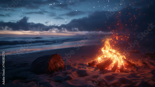 Beach bonfire party with flames dancing against a backdrop of starry skies and crashing waves