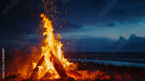 Beach bonfire party with flames dancing against a backdrop of starry skies and crashing waves © Tazzi Art