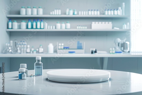 Pharmacology medicine stand mockup, empty podium on table with banner and copy space, showcasing pharmaceutical products, research, and innovation in the healthcare industry.