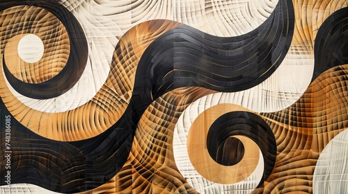 Abstract Wooden Waves and Spirals on Textured Backdrop